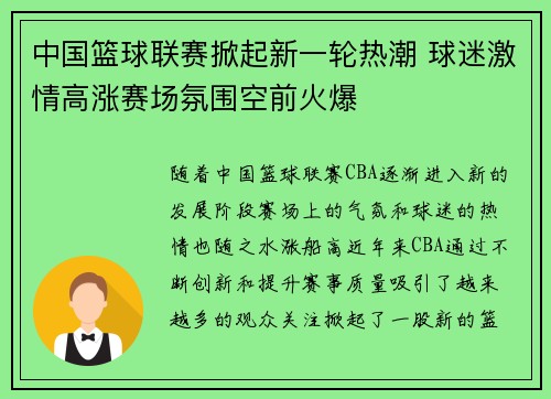 中国篮球联赛掀起新一轮热潮 球迷激情高涨赛场氛围空前火爆
