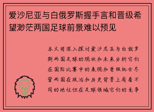 爱沙尼亚与白俄罗斯握手言和晋级希望渺茫两国足球前景难以预见