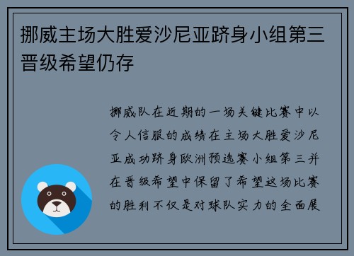 挪威主场大胜爱沙尼亚跻身小组第三晋级希望仍存